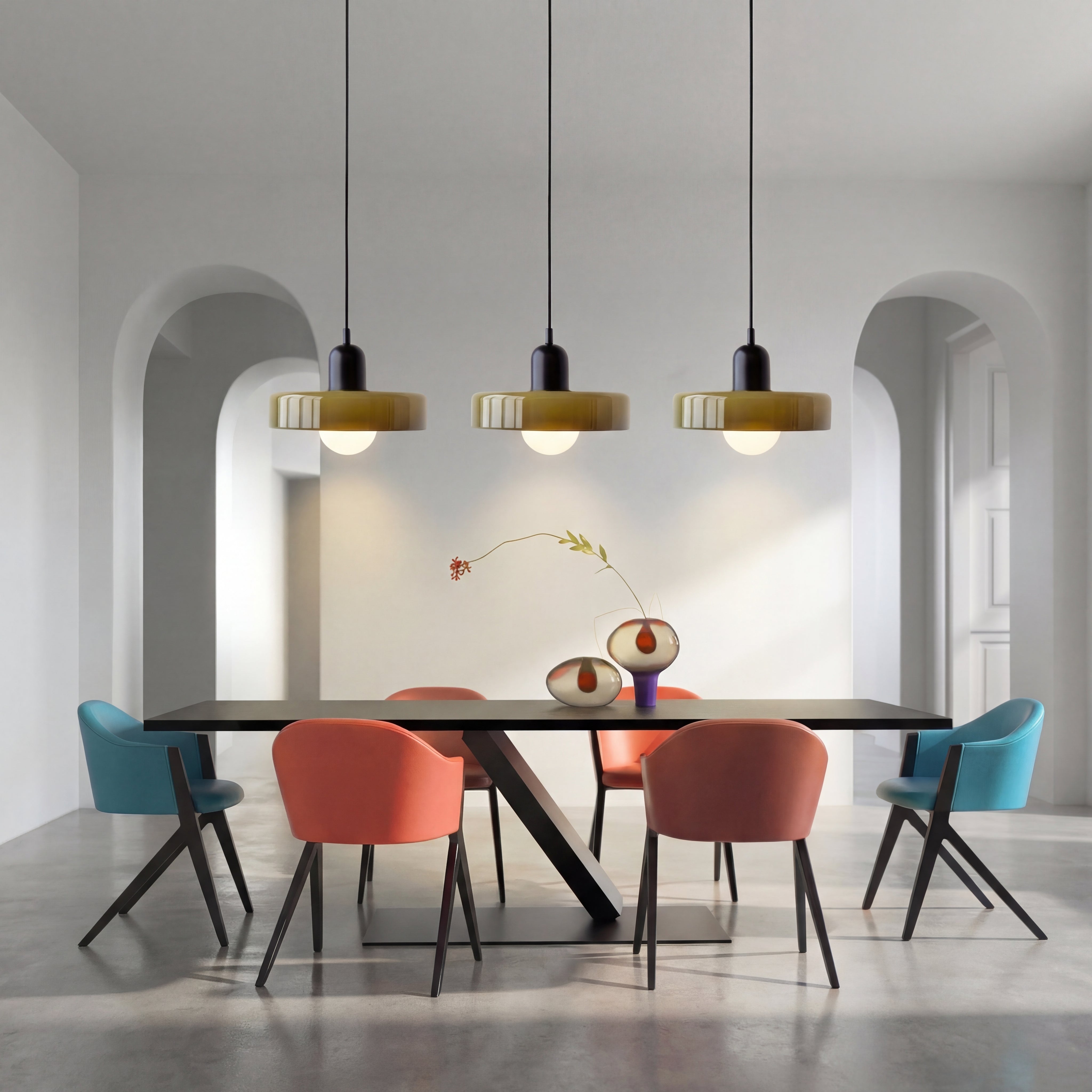 Lámpara colgante de cristal coloreado Bauhaus de 3 cabezales
