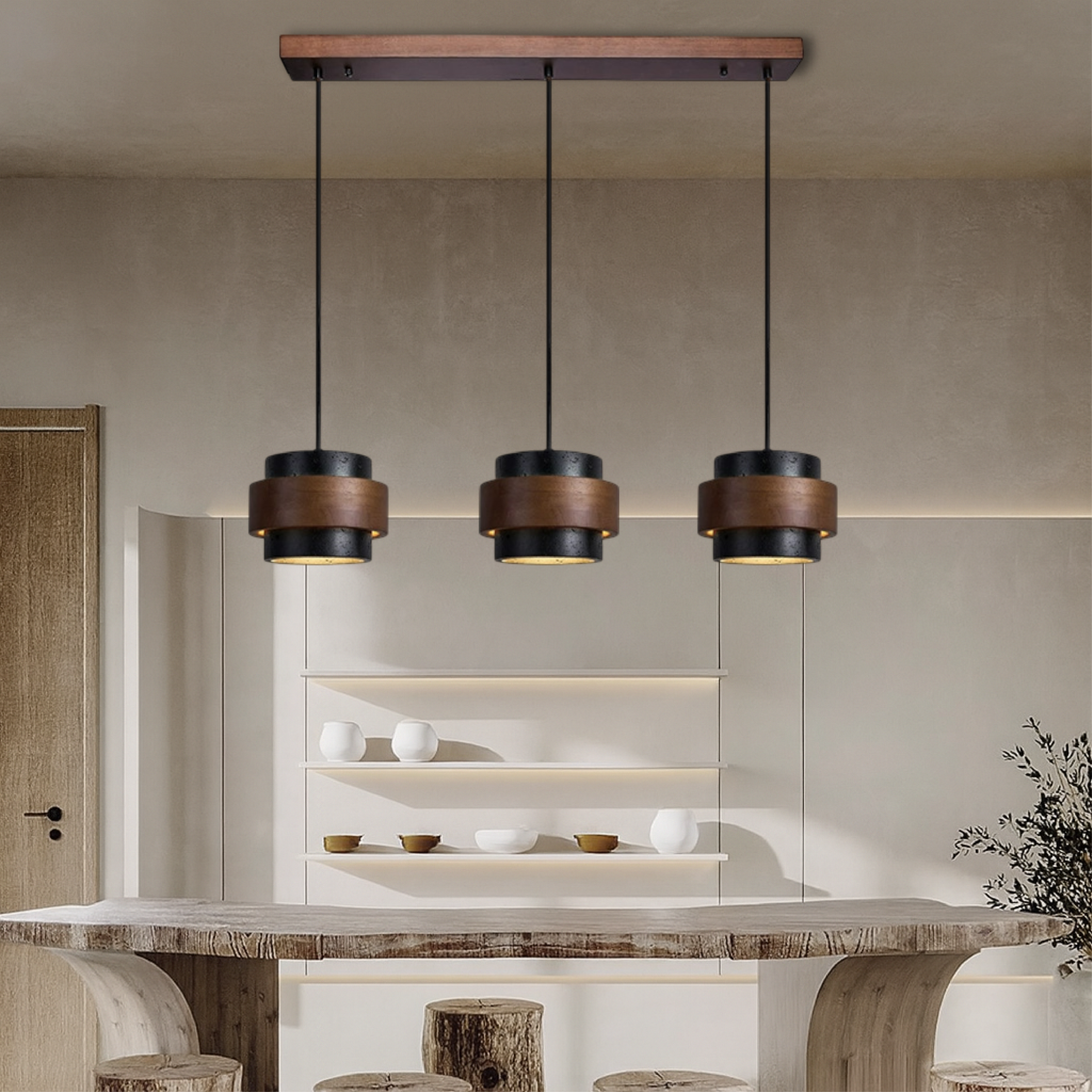 3-Head Black Travertine Pendant Light