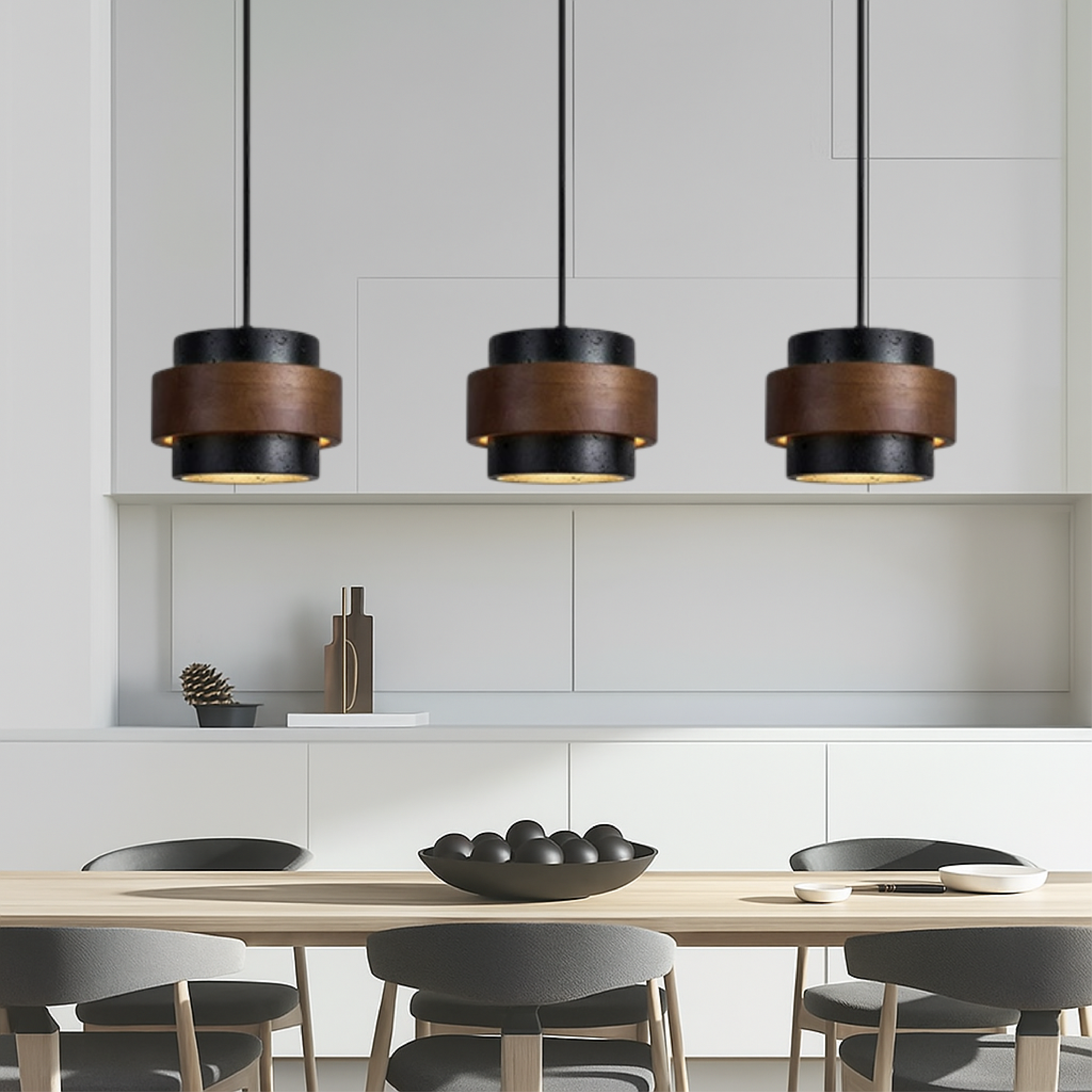 3-Head Black Travertine Pendant Light