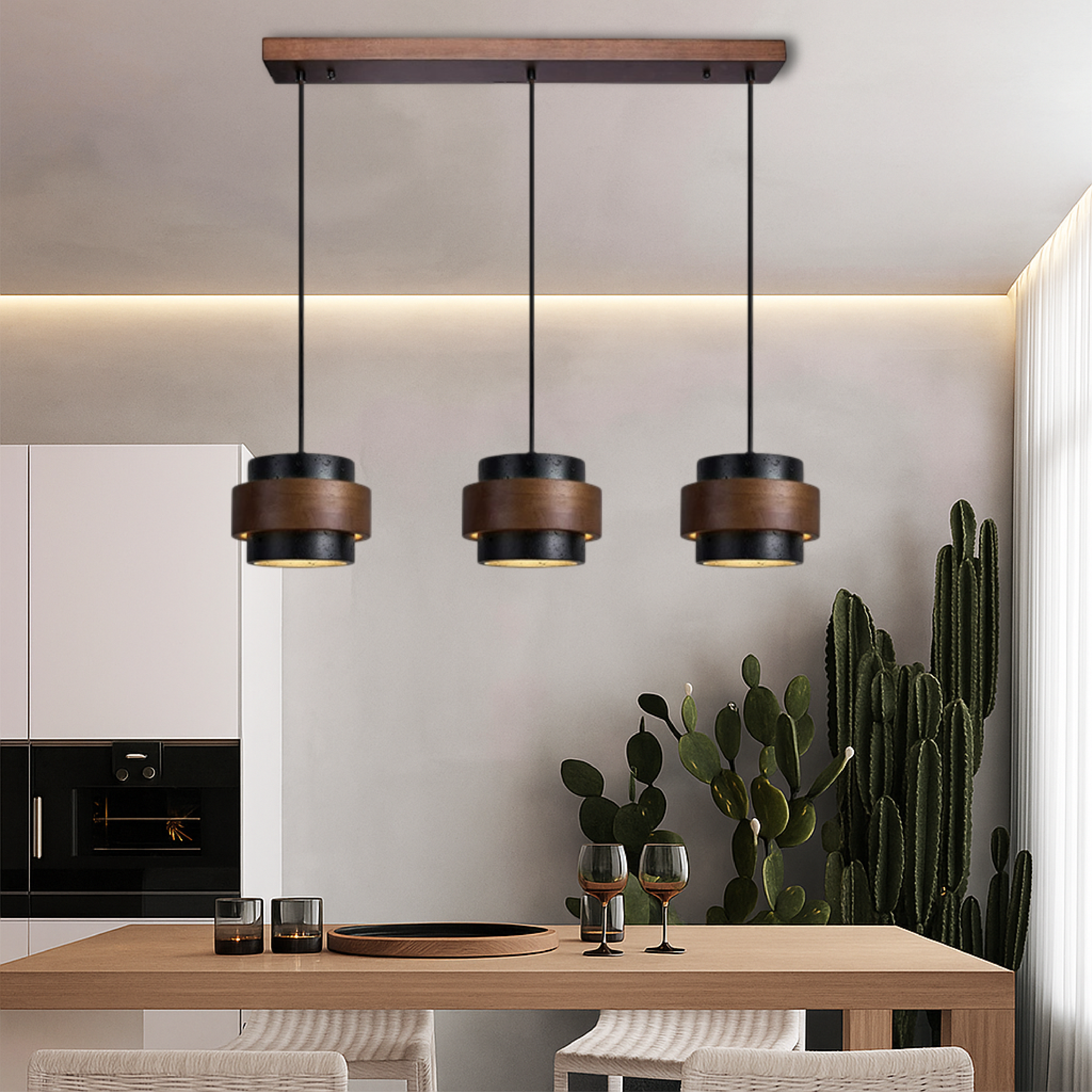 3-Head Black Travertine Pendant Light